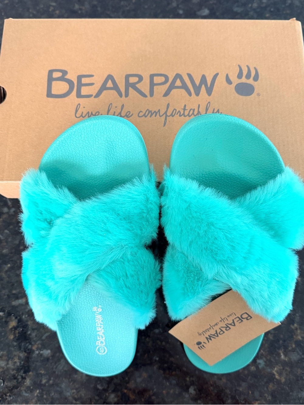 Brand New BearPaw Lauryn Green (Turquoise Blue) Fuzzy Slide Sandals
